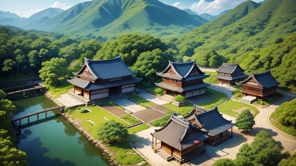 Beautiful scenery of Japanese ancient village. Aerial view, Photorealistic photos, High definition.