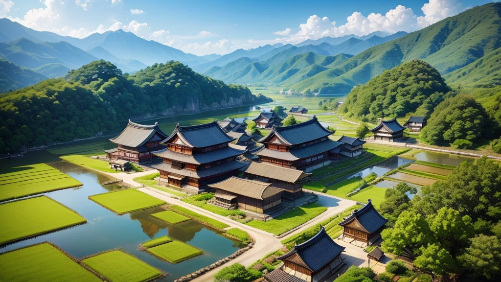 Beautiful scenery of Japanese ancient village. Aerial view, Photorealistic photos, High definition.
