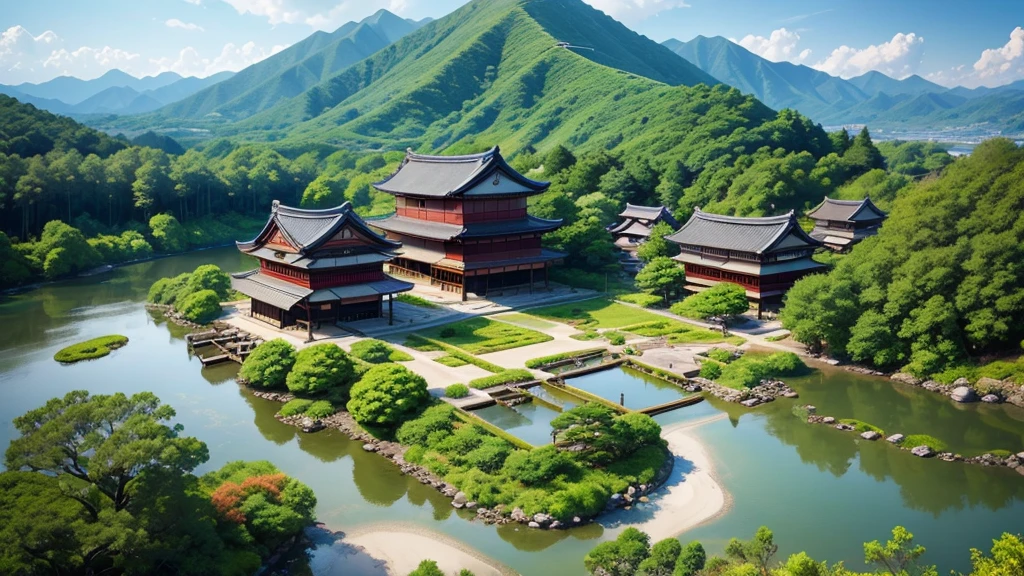 Beautiful scenery of Japanese ancient village. Aerial view, Photorealistic photos, High definition.