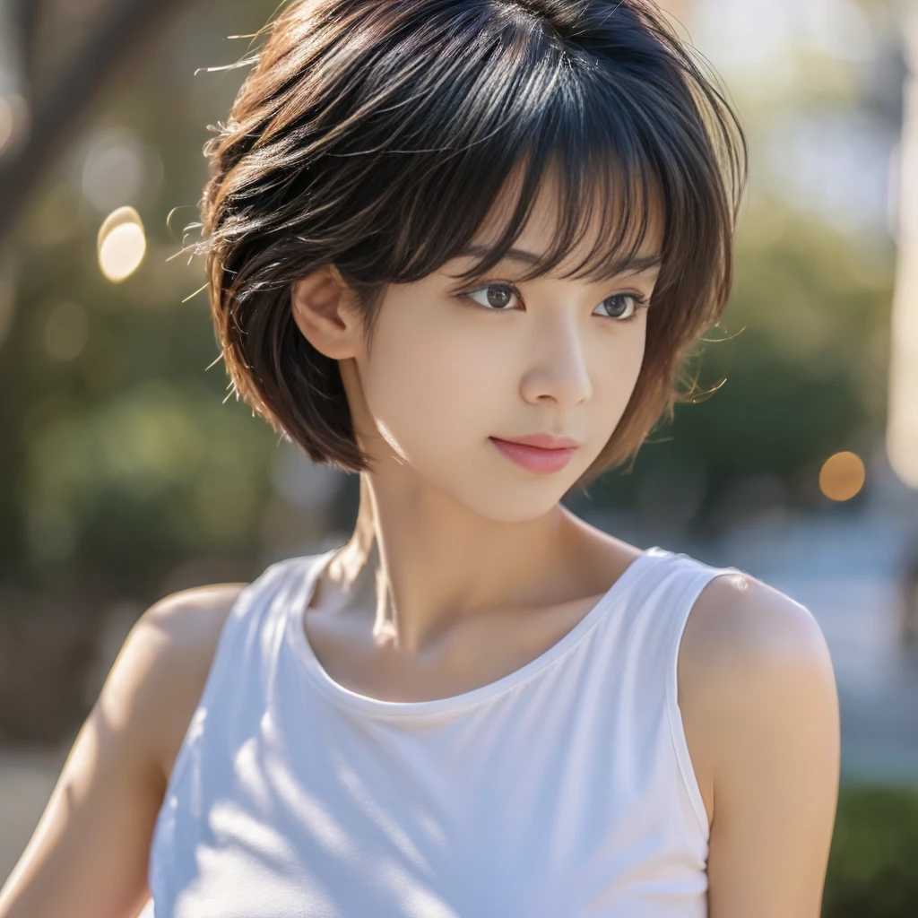 ((Highest quality、In 8K、masterpiece:1.3))、Sharp focus:1.2、Beautiful woman perfect body:1.4、Slim Abs:1.2、((Short Hair:1.2))、(trendy fashion in tokyo、T-Shirts:1.1)、Background white、Wet body:1.5、Three-dimensional texture、Detailed eyes、(Brown Hair、Black Hair:1.2)、Very shiny hair、Backward view、Hair quality improvement、Handsome short、Short-haired blonde、No text、Lower text eraser