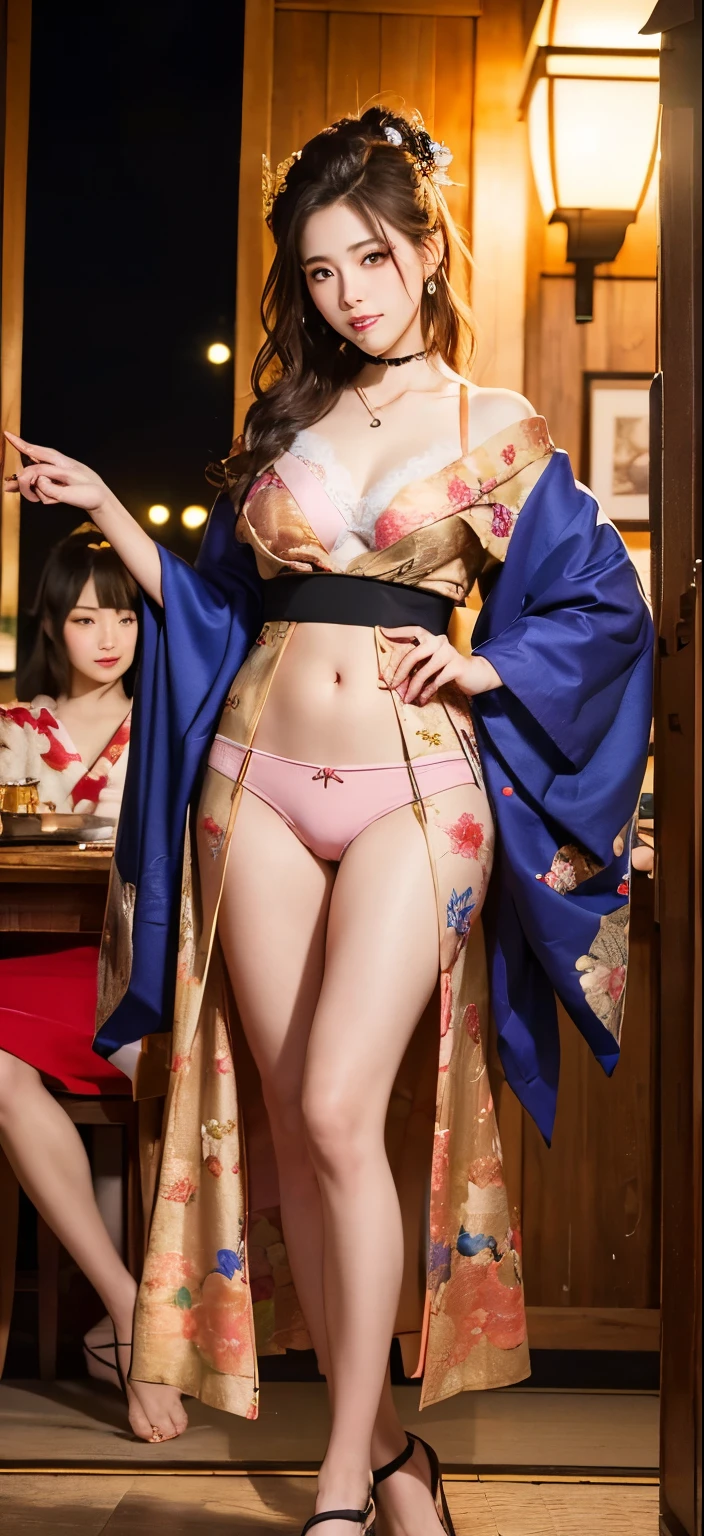 oiran、More than one person、((Three women:1.5))、Three people lined up、On the chest、tattoo、Clothes got wet、Hair tied up、Full body photo、Sexy Face、short hair、 A look of complete lust、(((masterpiece)))、((Highest quality))、((超Realistic)),Very detailed、The perfect temptation、Best image quality、Fine-grained image quality、beautiful,jewelry, Realistic, High resolution, Soft Light,Hip Up, Glowing Skin, (Detailed face),tattoo, jewelry, , night, bionde, Wavy Hair,Attractive appearance, smile, Perfect Style, perfect balance, (Realistic:1.3,Visual Arts,Written boundary depth、Highest quality,32K quality,masterpiece:1.3,High resolution,Tabletop:1.2),With a girl(21 years old, kimono, Golden Good,Pale pink underwear, Golden Choker),(Long Hair:1.2,bionde:1.3), blue eyes, Clothes come off,I can see your thighs,I can see your pants,Perfect face with attention to detail:1.5,normal hand:1.5,normal finger:1:5,Normal legs:1.5,new year,shrine,Backstreets,background(Shining meteors,golden dragon flying),Exquisite design,Best lighting,