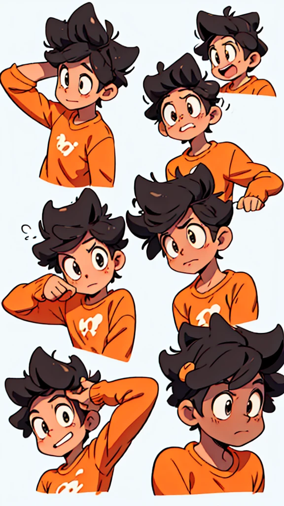boy , Different emotions, comic-book style, smooth lines, orange shirt, short black hair, style cartoon, expressive expression, White background, animated cartoon, dynamic poses, precise details, 2D style