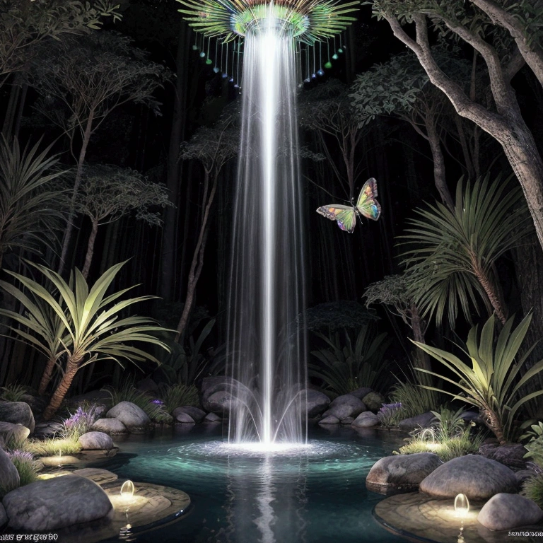 rainbowcolored multiglowing fountain of youth in the deep green forest, from below, rainbowcolored glowing butterflies, cinematic angle, realistic, hyper-realistic, photorealistic, (best quality,4k,8k,highres,masterpiece:1.2),ultra-detailed,(realistic,photorealistic,photo-realistic:1.37),vivid colors,dramatic lighting,