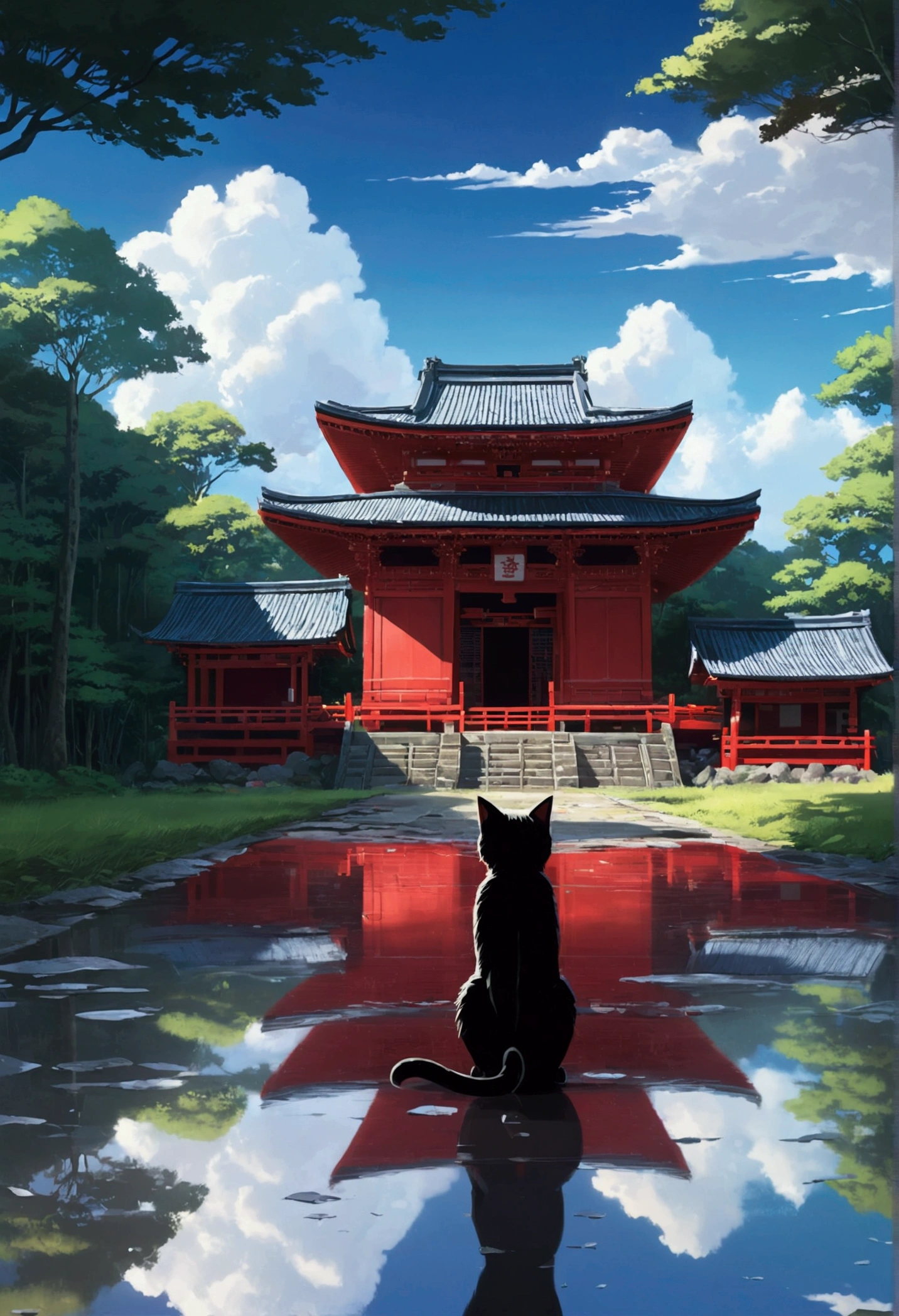 Makoto Shinkai Taste, Beautiful sky, Reflection of light, black cat, in the forest, (red shrine, red temple), nature, rainy day, cloudy sky, (one and only one), cat ghost, single, country town, cat god