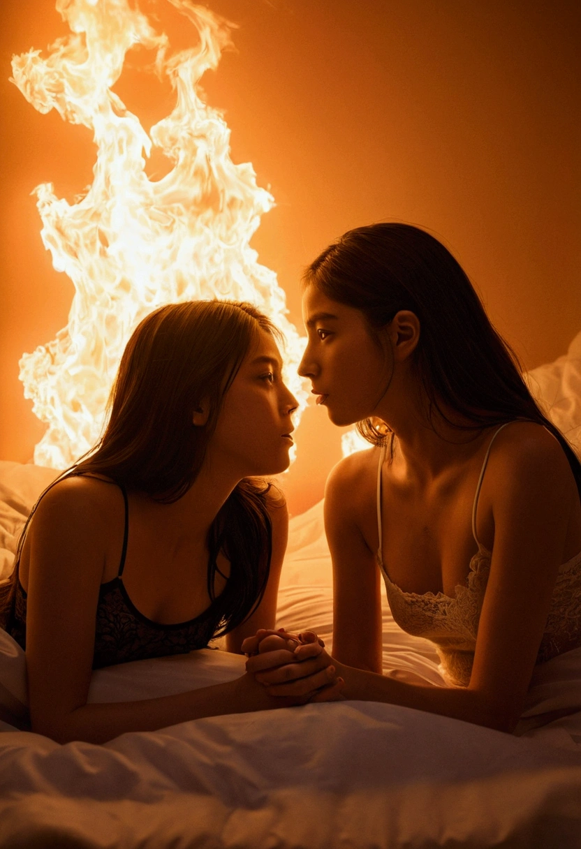Two girls in a bed facing each other, NSFW