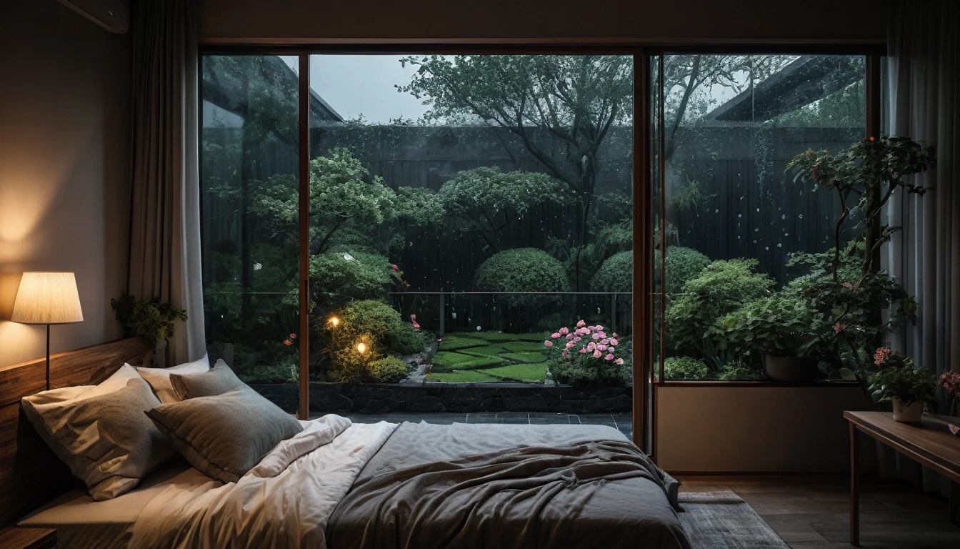 The picture shows a cozy gloomy bedroom, with a large window offering a view of a beautiful, dimly lit garden AND a garden soaked in FLOWERS, the cobblestones of the Japanese house concept. CINEMATIC, JAPANESE HOUSE, the shape of a Japanese house, and lots of flower gardens in the garden. The bed was unmade with rumpled sheets, indicating only a light sleep. the room is dark, gloomy, looks dim, gloomy. Beside the bed there is a small table with a classic lamp that radiates warm light into the room. Outside the window you can see the lush greenery of the terrace or balcony area, the rain is falling, the lamp on the left provides warm lighting, creating a calm and peaceful atmosphere. with fog obscuring part of the view in the distance. The contrast between the warmth indoors and the rain outdoors creates an inviting and calming atmosphere