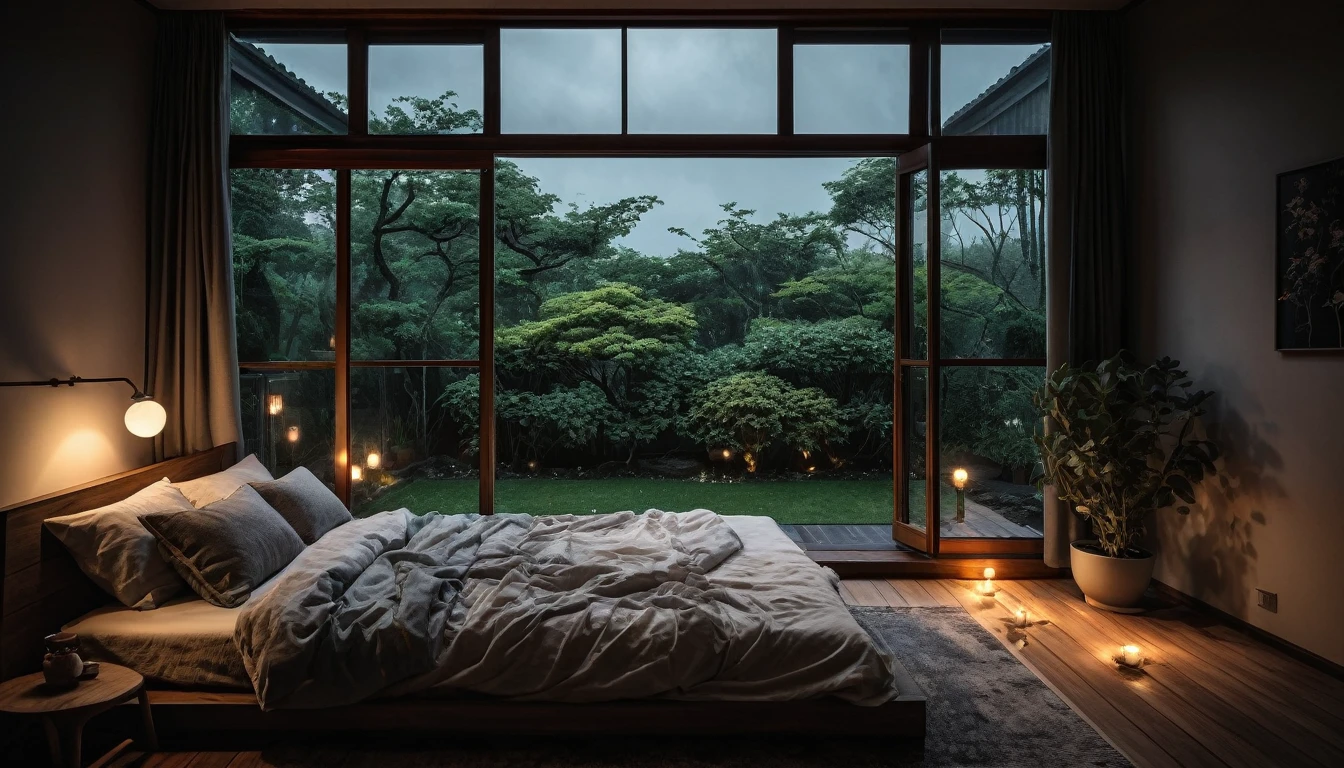 The picture shows a cozy gloomy bedroom, with a large window offering a view of a beautiful, dimly lit garden AND a garden soaked in FLOWERS, the cobblestones of the Japanese house concept. CINEMATIC, JAPANESE HOUSE, the shape of a Japanese house, and lots of flower gardens in the garden. The bed was unmade with rumpled sheets, indicating only a light sleep. the room is dark, gloomy, looks dim, gloomy. Beside the bed there is a small table with a classic lamp that radiates warm light into the room. Outside the window you can see the lush greenery of the terrace or balcony area, the rain is falling, the lamp on the left provides warm lighting, creating a calm and peaceful atmosphere. with fog obscuring part of the view in the distance. The contrast between the warmth indoors and the rain outdoors creates an inviting and calming atmosphere