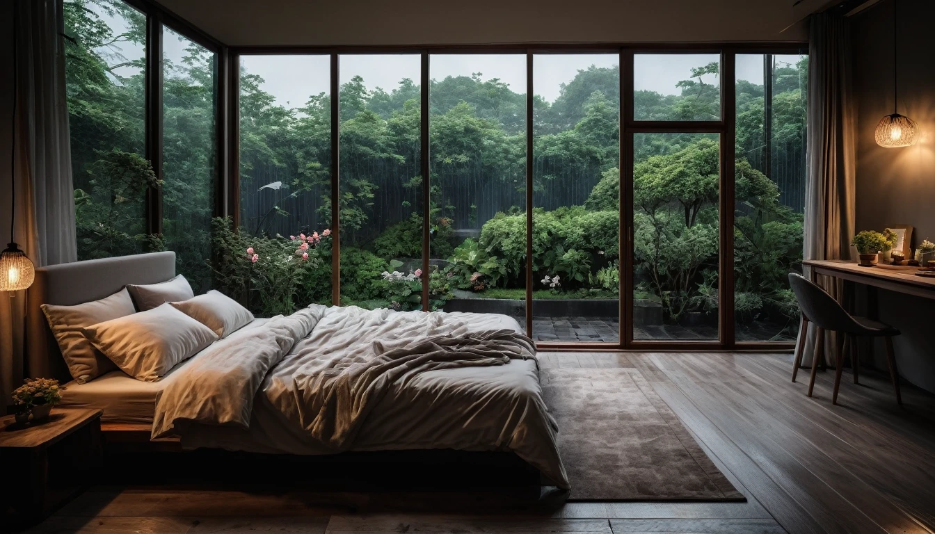 The picture shows a cozy gloomy bedroom, with a large window offering a view of a beautiful, dimly lit garden AND a garden soaked in FLOWERS, the cobblestones of the Japanese house concept. CINEMATIC, JAPANESE HOUSE, the shape of a Japanese house, and lots of flower gardens in the garden. The bed was unmade with rumpled sheets, indicating only a light sleep. the room is dark, gloomy, looks dim, gloomy. Beside the bed there is a small table with a classic lamp that radiates warm light into the room. Outside the window you can see the lush greenery of the terrace or balcony area, the rain is falling, the lamp on the left provides warm lighting, creating a calm and peaceful atmosphere. with fog obscuring part of the view in the distance. The contrast between the warmth indoors and the rain outdoors creates an inviting and calming atmosphere