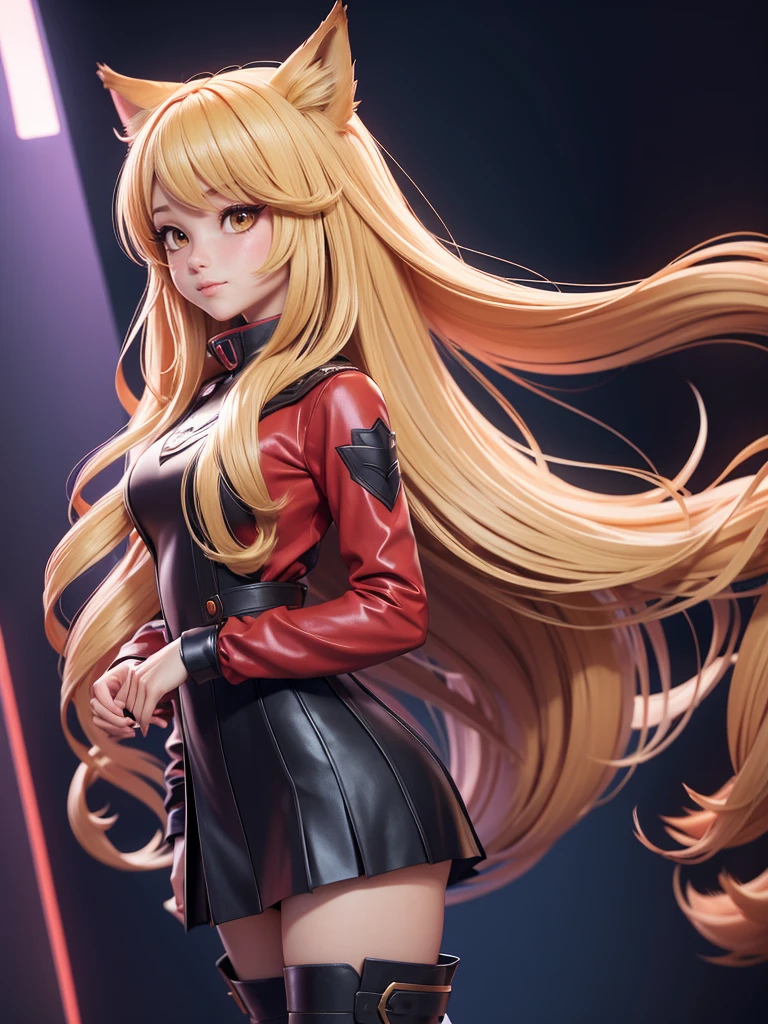 a woman in a long red shirt and thigh high boots standing in front of a crowd, asymetrical outfit, beautiful anime catgirl, anime girl with long hair, anime girl, an anime girl, (anime girl), cute anime catgirl, anime catgirl, beautiful anime girl, holo if a wolf girl, holo is a wolf girl, cute anime girl, blonde anime girl with long hair
