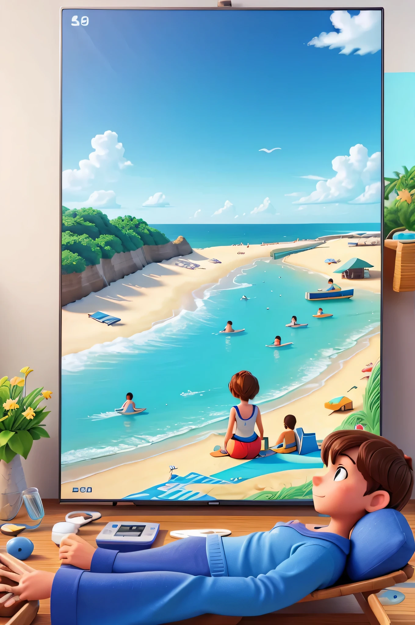 Beach, A group of teenagers watching tablets, Illustration style, Beach, seaside, Highest quality 4K, Color Field painting, UHD