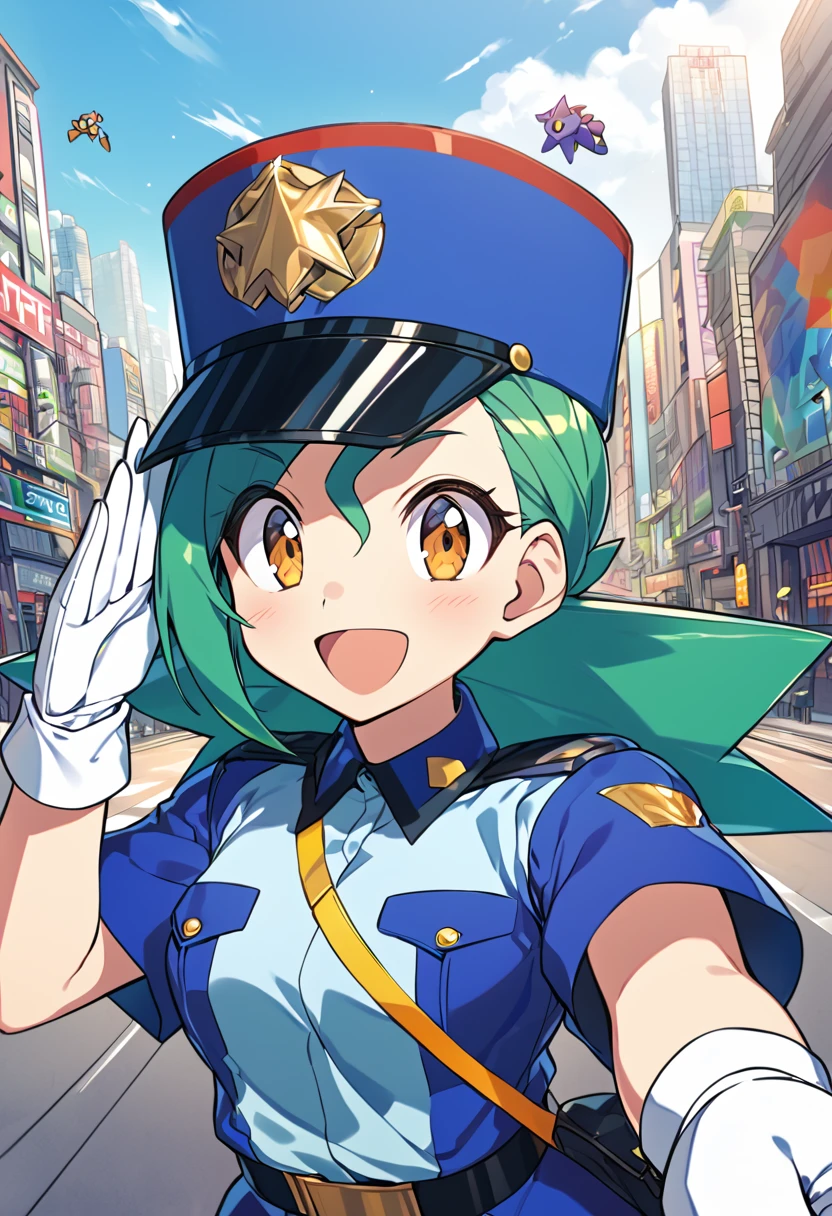 score_9, score_8_up, score_7_up, score_6_up, source_anime, BREAK 1girl pkmnJenny, green hair, blue hat, police uniform, blue shirt, short sleeves, belt, pencil skirt, white gloves, looking at viewer, happy, city, salute, blue sky, upper body