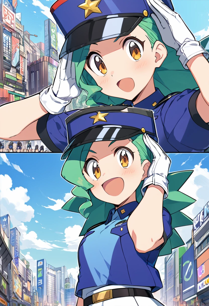 score_9, score_8_up, score_7_up, score_6_up, source_anime, BREAK 1girl pkmnJenny, green hair, blue hat, police uniform, blue shirt, short sleeves, belt, pencil skirt, white gloves, looking at viewer, happy, city, salute, blue sky, upper body