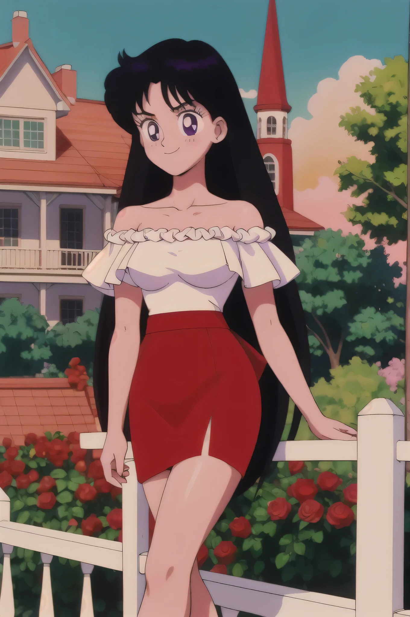 (retro anime girl:1.2), (masterpiece:1.2), (best quality), (ultra detailed), (8k,4k), (half body:1.2), (cowboy:1.2), (close up:1.2), (highly detailed:1.2), (White Ruffle Off-the-shoulder top:1.4), (red skin tight pencil skirt:1.4), Rei Hino, 1 girl, solo, Best quality, masterpiece, High Definition, Teenager, Purple Eyes, Beautiful Detail Eyes, Black Hair, Long Hair, Good hands at sides, Seductive Smile, Blushing, Bare Neck, Bare Arms, Bare Shoulders, short sleeve, Strapless, White Ruffle Off-the-Shoulder Top, red skin tight pencil skirt, standing at the railing in her garden, looking at viewers, garden, sunset skies, rose bushes, outdoor gazebo