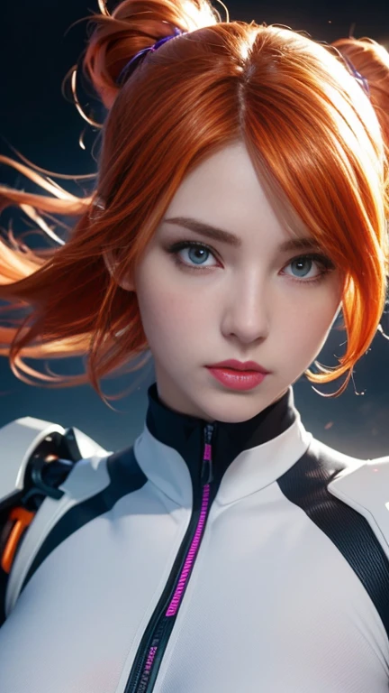 A beautiful woman in soft white bodysuit amor skin and  wraps over body ,fiery orange hair ,high-tech ,evoking a futuristic cyberpunk manga aesthetic. Loosely brushed paint strokes and kinetic lines energize the composition, while intricate mechanical designs and neon accents embellish the suit, immersing the viewer in a world of high-tech noir. Up close, her charming, expressive features and captivating gaze draw us in, set against a backdrop of soft, gradient blues and misty purples that evoke a sense of mystery and allure ,medium long body shot