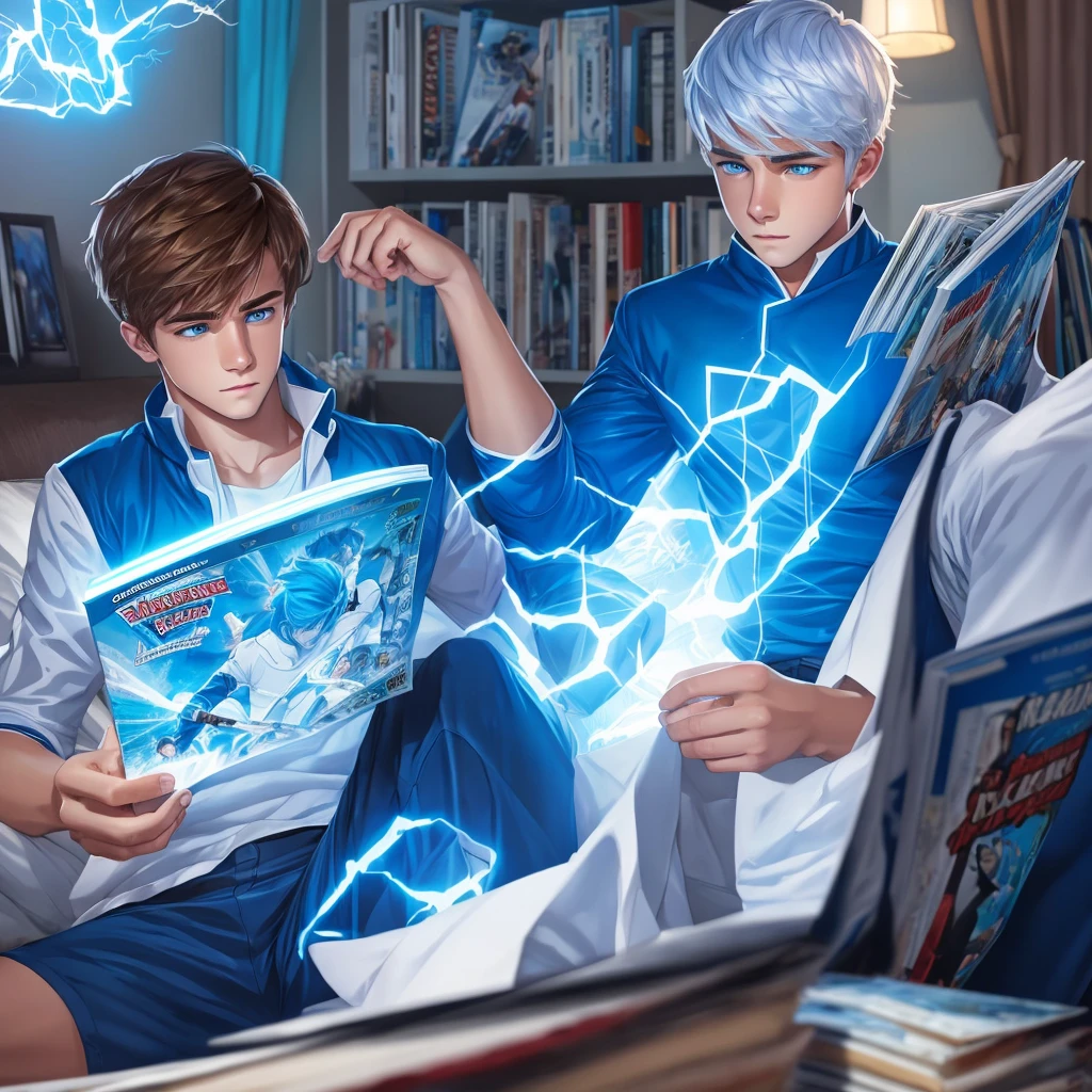 4K quality) (artwork) male age character, blue colored eyes, blue and white clothes, reading a comic book in your room