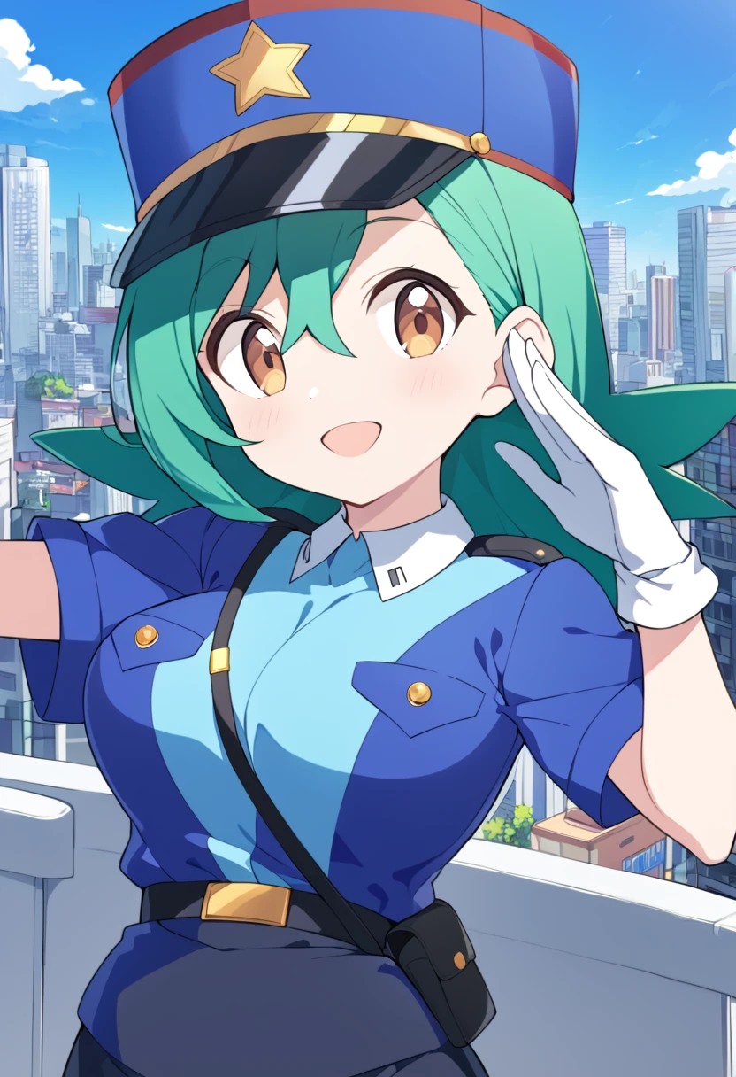 score_9, score_8_up, score_7_up, score_6_up, source_anime, BREAK 1girl pkmnJenny, green hair, blue hat, police uniform, blue shirt, short sleeves, belt, pencil skirt, white gloves, looking at viewer, happy, city, salute, blue sky, upper body