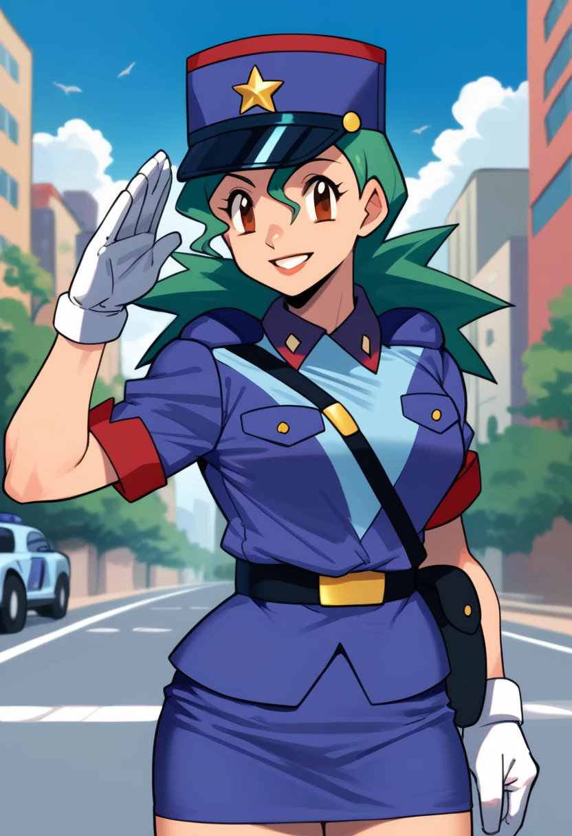 score_9, score_8_up, score_7_up, score_6_up, source_anime, BREAK 1girl pkmnJenny, green hair, blue hat, police uniform, blue shirt, short sleeves, belt, pencil skirt, white gloves, looking at viewer, happy, city, salute, blue sky, upper body