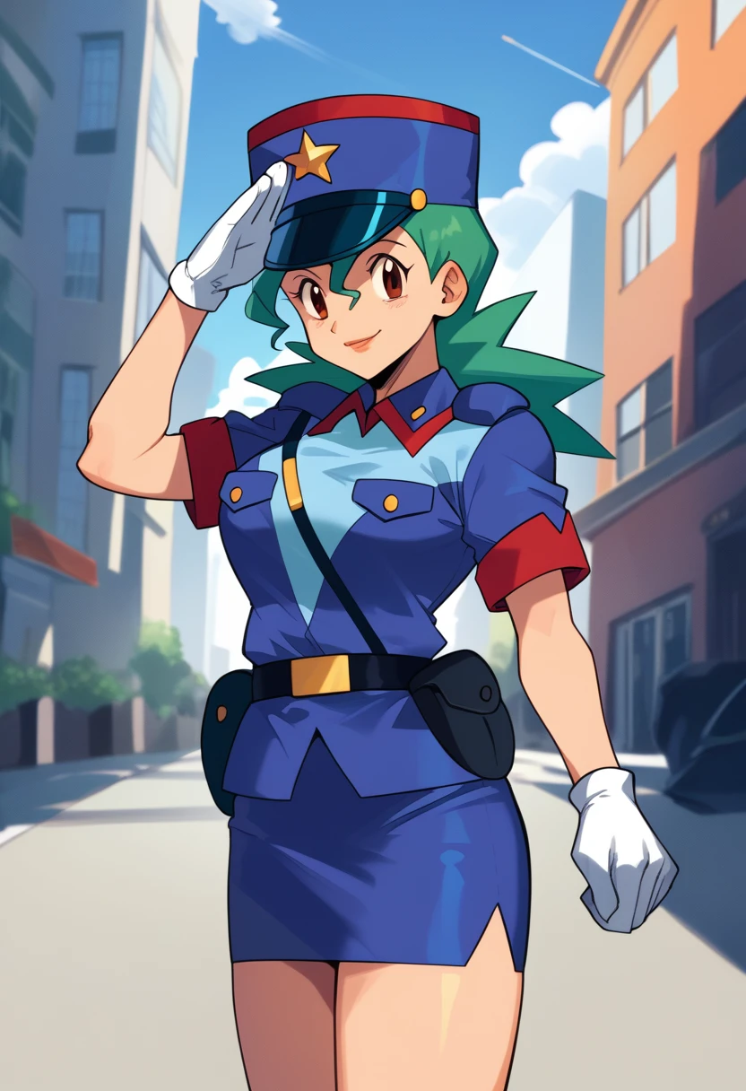 score_9, score_8_up, score_7_up, score_6_up, source_anime, BREAK 1girl pkmnJenny, green hair, blue hat, police uniform, blue shirt, short sleeves, belt, pencil skirt, white gloves, looking at viewer, happy, city, salute, blue sky, upper body