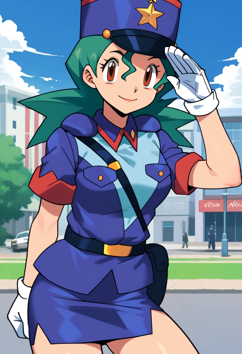 score_9, score_8_up, score_7_up, score_6_up, source_anime, BREAK 1girl pkmnJenny, green hair, blue hat, police uniform, blue shirt, short sleeves, belt, pencil skirt, white gloves, looking at viewer, happy, city, salute, blue sky, upper body