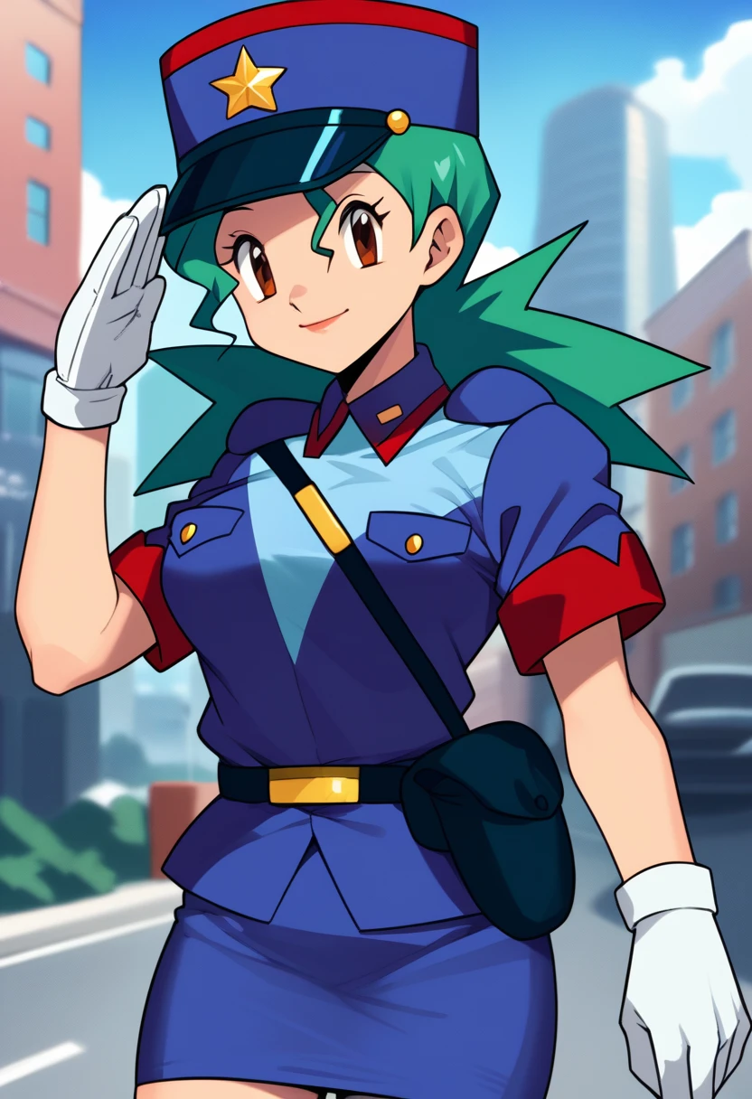 score_9, score_8_up, score_7_up, score_6_up, source_anime, BREAK 1girl pkmnJenny, green hair, blue hat, police uniform, blue shirt, short sleeves, belt, pencil skirt, white gloves, looking at viewer, happy, city, salute, blue sky, upper body