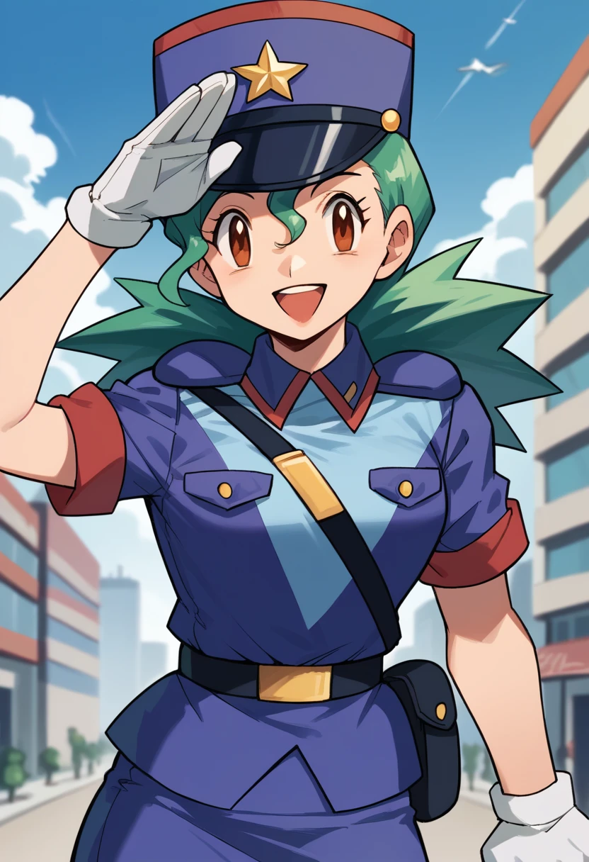 score_9, score_8_up, score_7_up, score_6_up, source_anime, BREAK 1girl pkmnJenny, green hair, blue hat, police uniform, blue shirt, short sleeves, belt, pencil skirt, white gloves, looking at viewer, happy, city, salute, blue sky, upper body