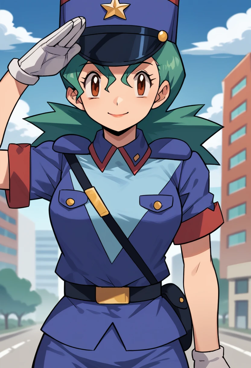 score_9, score_8_up, score_7_up, score_6_up, source_anime, BREAK 1girl pkmnJenny, green hair, blue hat, police uniform, blue shirt, short sleeves, belt, pencil skirt, white gloves, looking at viewer, happy, city, salute, blue sky, upper body