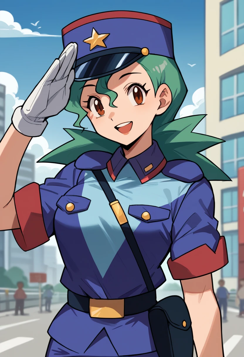 score_9, score_8_up, score_7_up, score_6_up, source_anime, BREAK 1girl pkmnJenny, green hair, blue hat, police uniform, blue shirt, short sleeves, belt, pencil skirt, white gloves, looking at viewer, happy, city, salute, blue sky, upper body