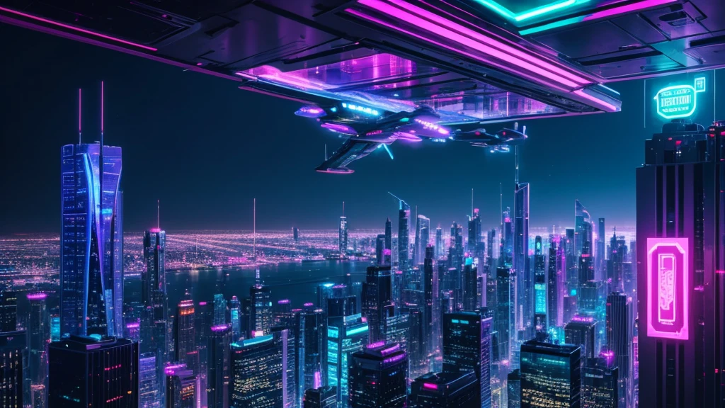 Create a stunning cityscape with towering skyscrapers, flying vehicles, and holographic advertisements, all bathed in neon lights.