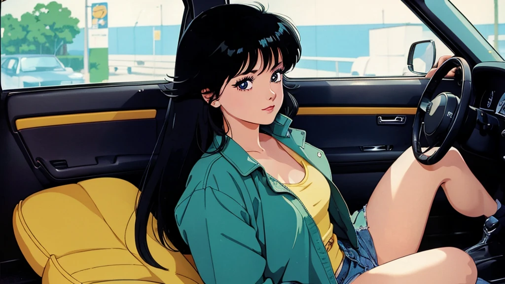 One beautiful energetic woman、Black Hair、sitting in the passenger seat of a car、８０Retro anime style of the 1980s、Vivid colors、Image of a woman from inside a car、