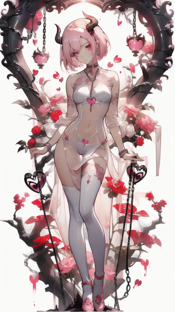 ((masterpiece, best quality)), Delicate face，Succubus，Standing picture，whole body，Perfect body proportions，Long legs，Handsome short hair，Nice pink eyes，Fantasy style，White background，Extremely beautiful，transparent，Transparent_比基尼，NUDE，chain，Tattoo，Lace，Heart-shaped decoration，Dewy holes