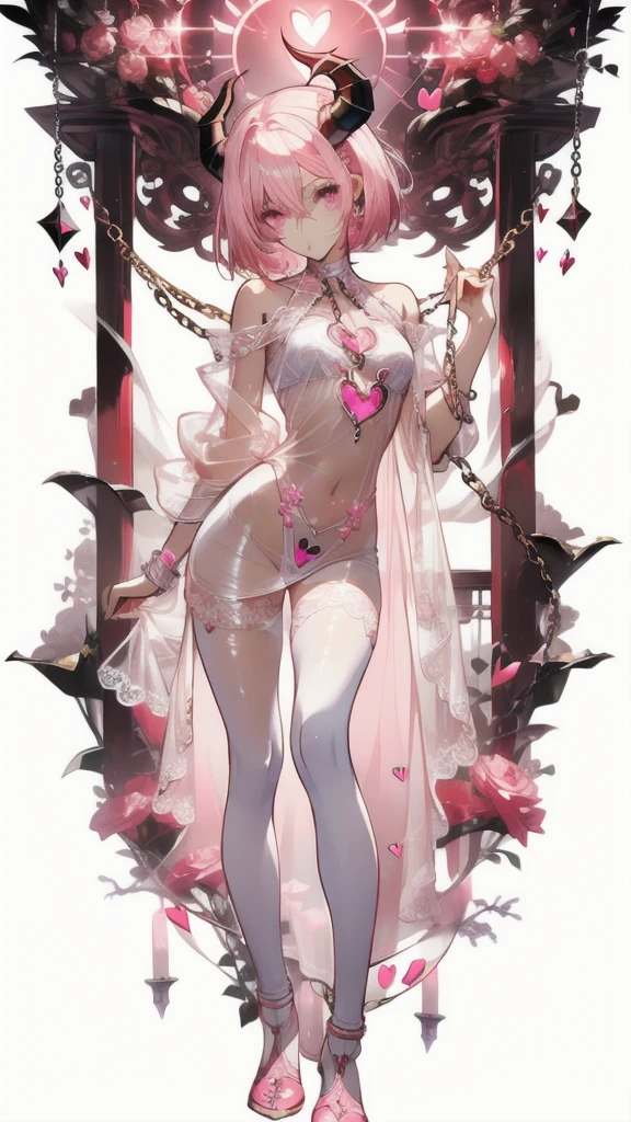 ((masterpiece, best quality)), Delicate face，Succubus，Standing picture，whole body，Perfect body proportions，Long legs，Handsome short hair，Nice pink eyes，Fantasy style，White background，Extremely beautiful，transparent，Transparent_比基尼，NUDE，chain，Tattoo，Lace，Heart-shaped decoration