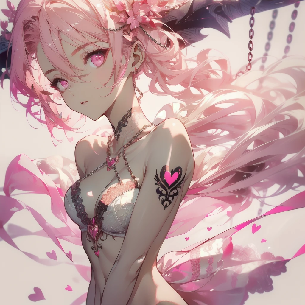 Pink Hair、Pink Eyes、girl、Small breasts、Bun Hair、girl、Small breasts、Bright smile、Looks about 、Petan Musume、He is short、Sexy Lingerie、Eye highlights、Showing armpits