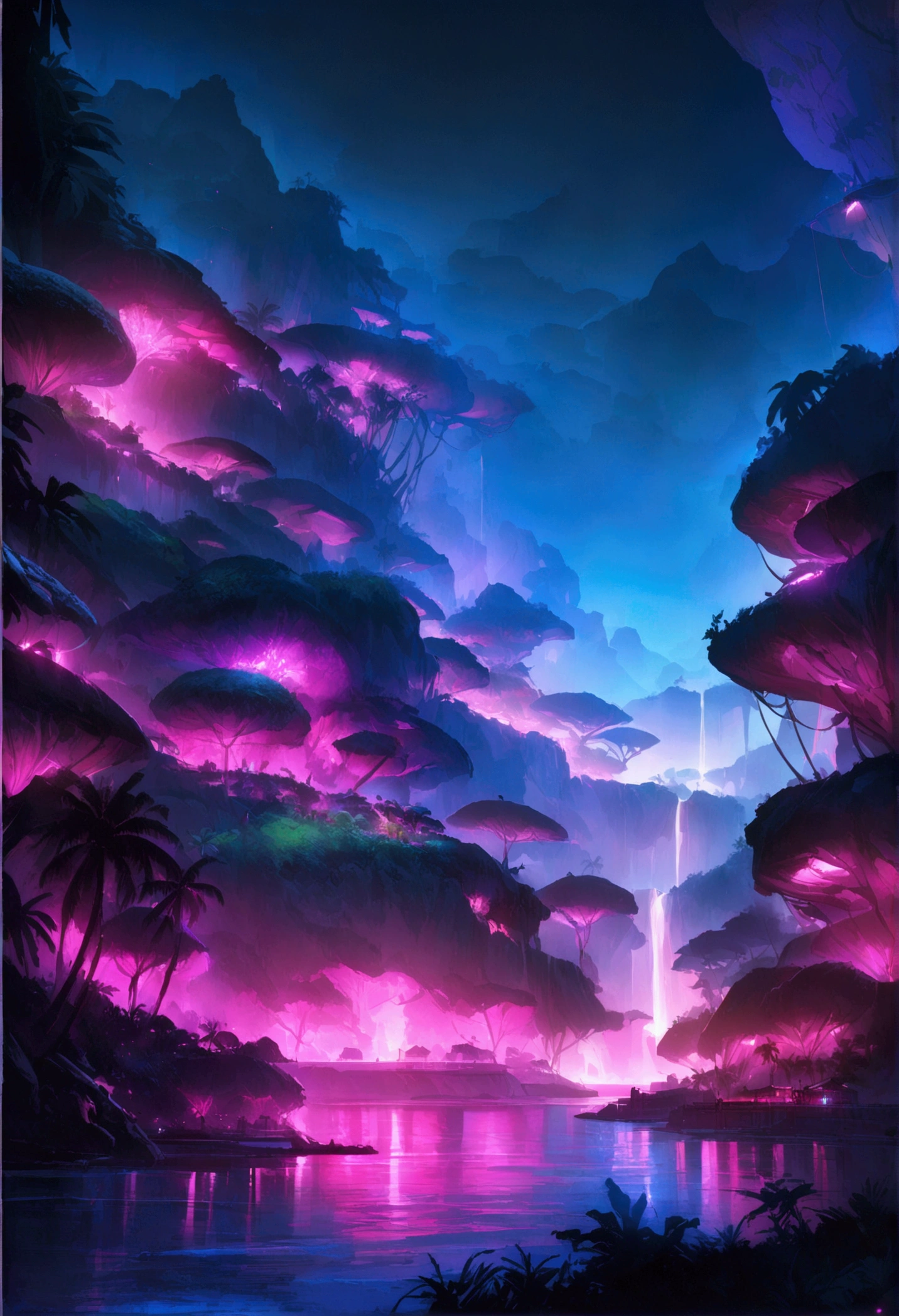 a tropical island, neon glow, bio-mechanical animals, bioluminescent fruits, island at night, coastal view, cinematic lighting, vibrant colors, futuristic, concept art, ultra-detailed, 8k, photorealistic, professional, masterpiece