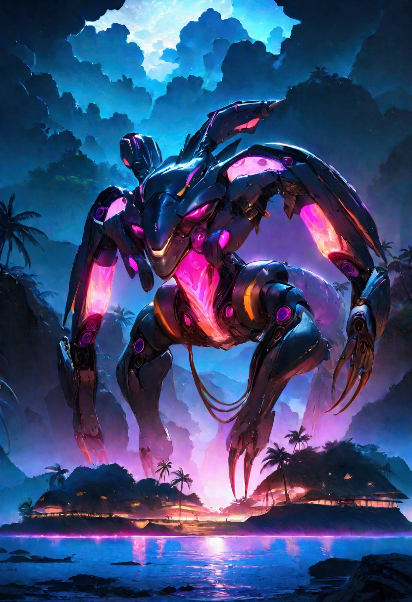 a tropical island, neon glow, bio-mechanical animals, bioluminescent fruits, island at night, coastal view, cinematic lighting, vibrant colors, futuristic, concept art, ultra-detailed, 8k, photorealistic, professional, masterpiece