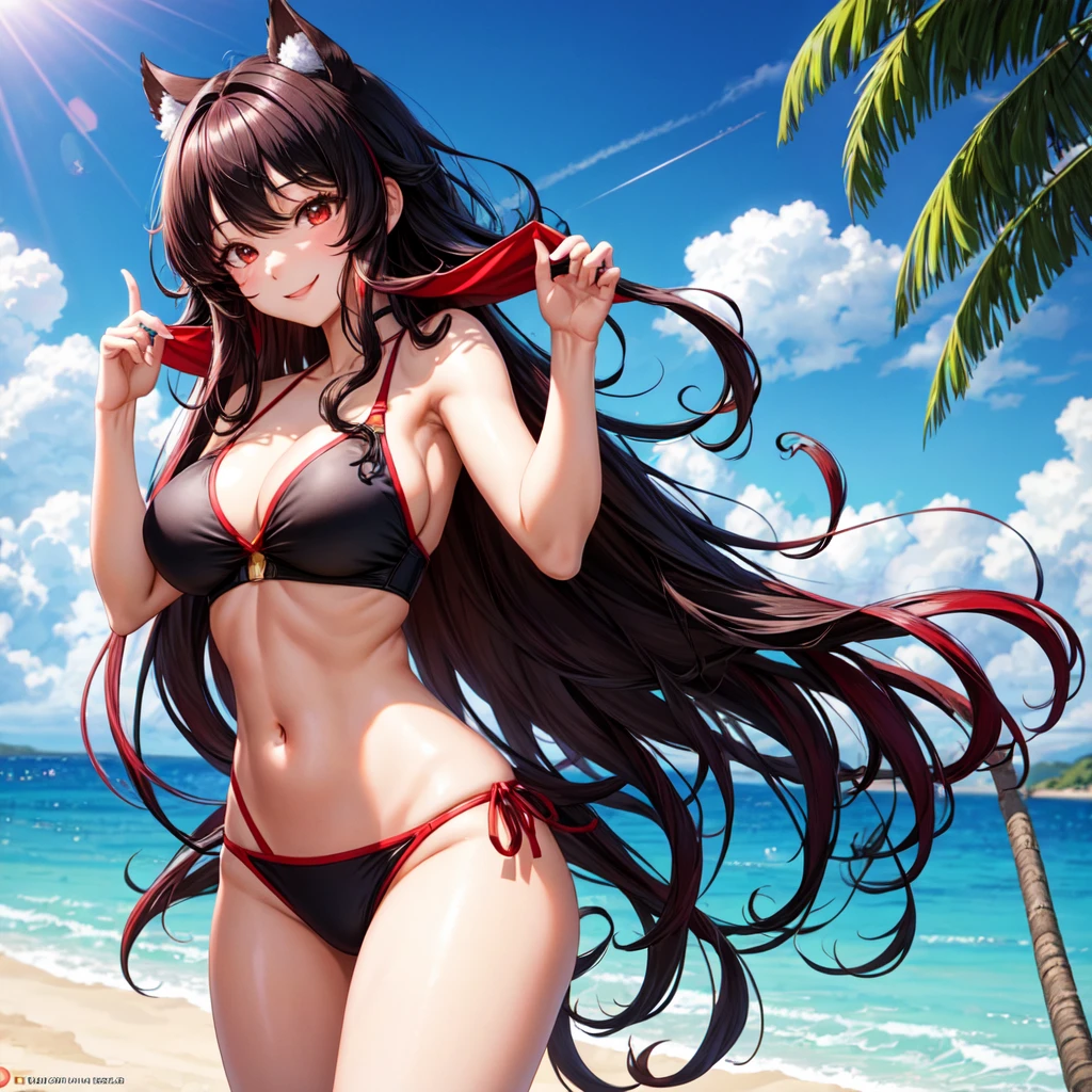 anime panel,upper body, 1girl,solo Korean, black very curly hair with red highlights(long hair), red slanted eyes, bikini , hair illuminated by sunlight, florest background, smiling 
