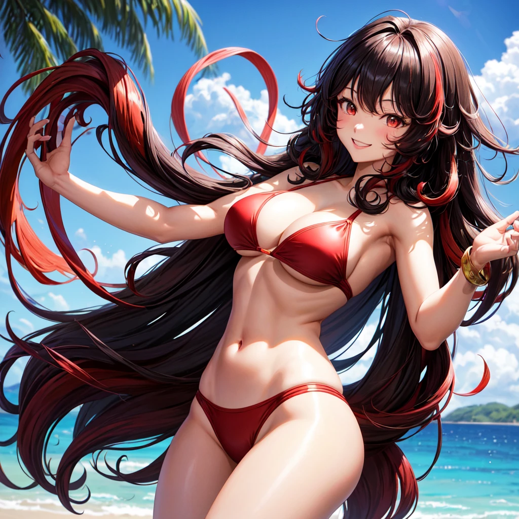 anime panel,upper body, 1girl,solo Korean, black very curly hair with red highlights(long hair), red slanted eyes, bikini , hair illuminated by sunlight, florest background, smiling 
