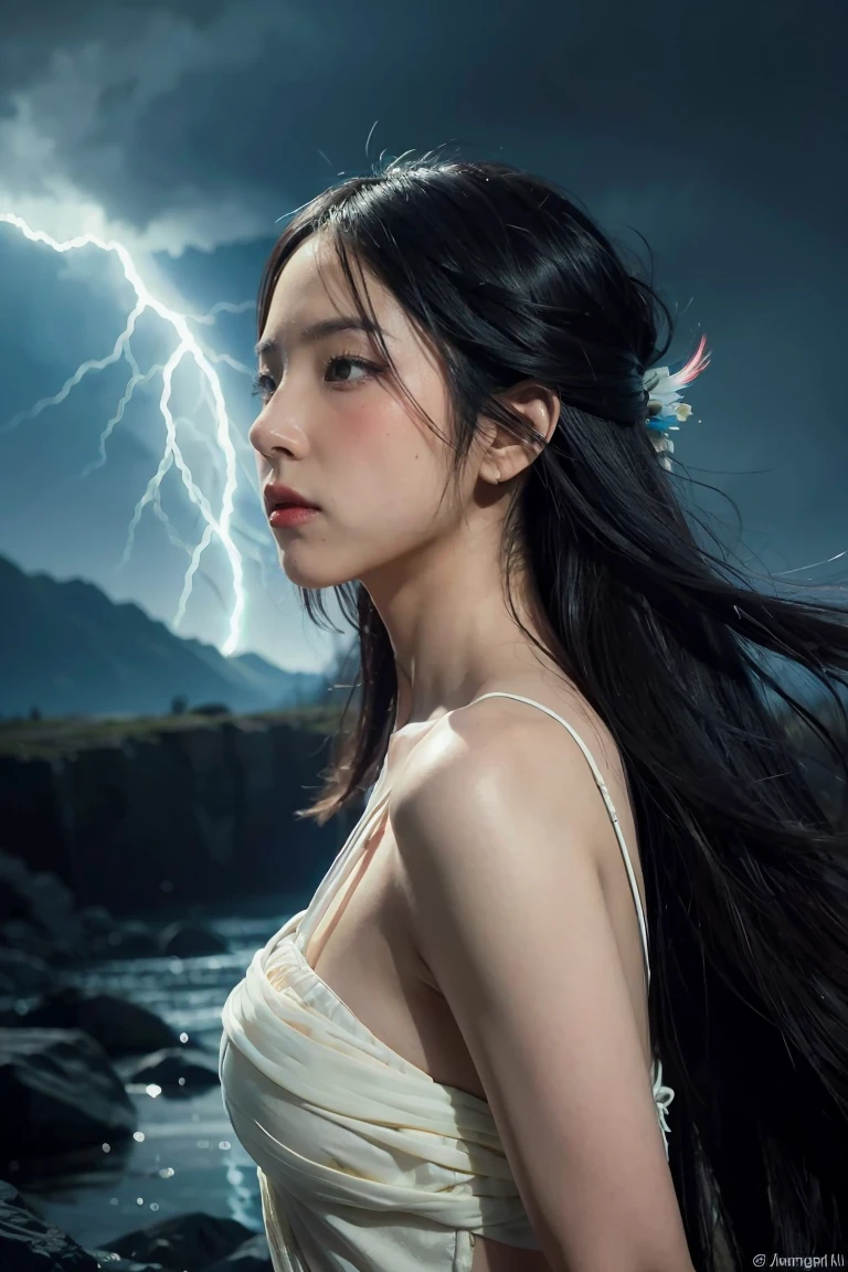 (Female: 1.1), black eyes, profile, oriental beauty, (masterpiece), best quality, Anime, merge, colorful, vibrant colors, illustration, artstyle, fantasy, realistic, animation, (photo_(medium):1.0 ), by Antonio J. Manzanedo, by Jeremy Lipking, lightning, in surreal landscapes, smooth, sharp focus