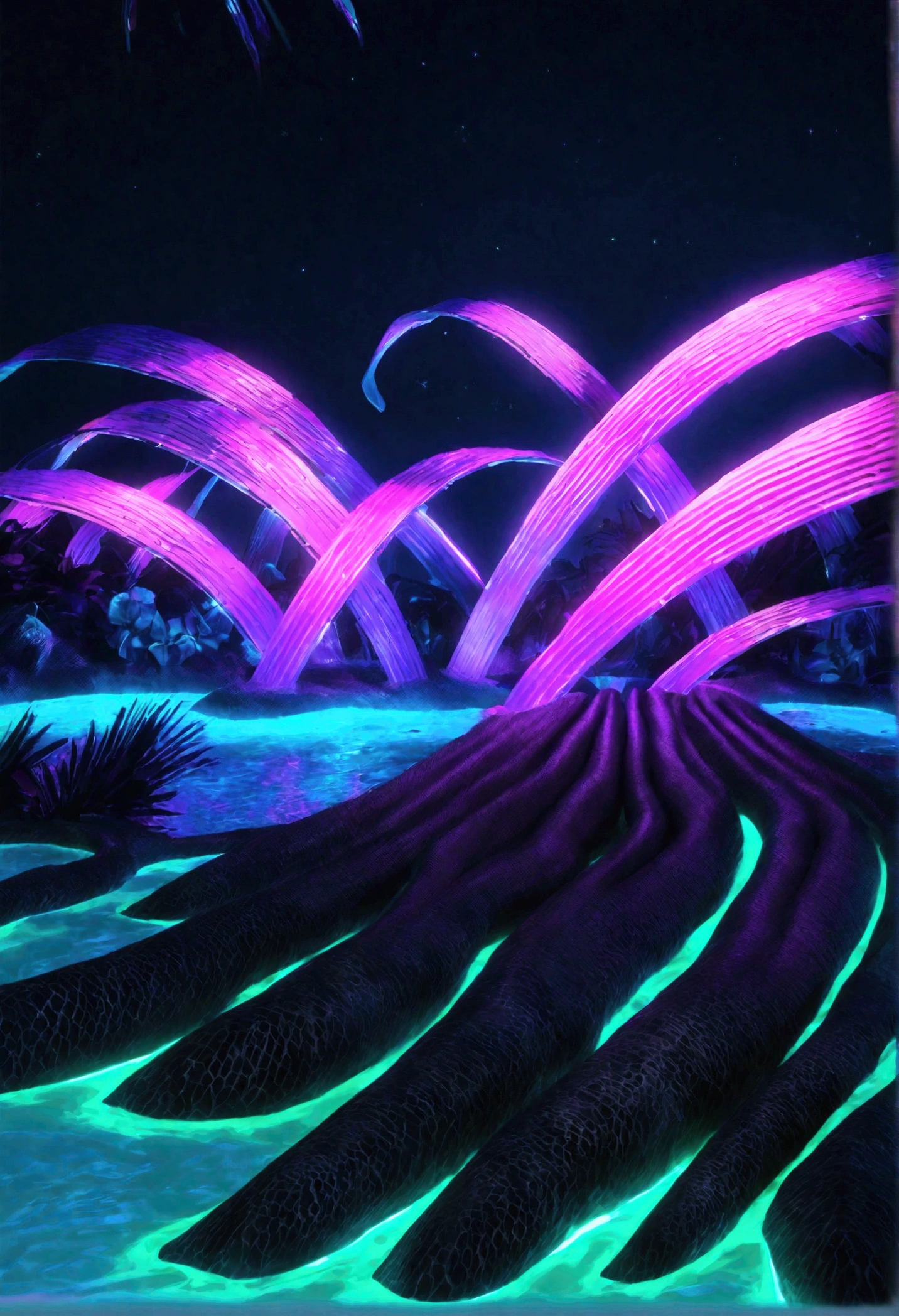 a tropical island, neon glow, bio-mechanical animals, bioluminescent fruits, island at night, coastal view, cinematic lighting, vibrant colors, futuristic, concept art, ultra-detailed, 8k, photorealistic, professional, masterpiece

