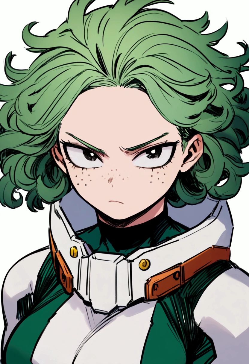 My hero academia, girl with curly green hair, black eyes and freckles