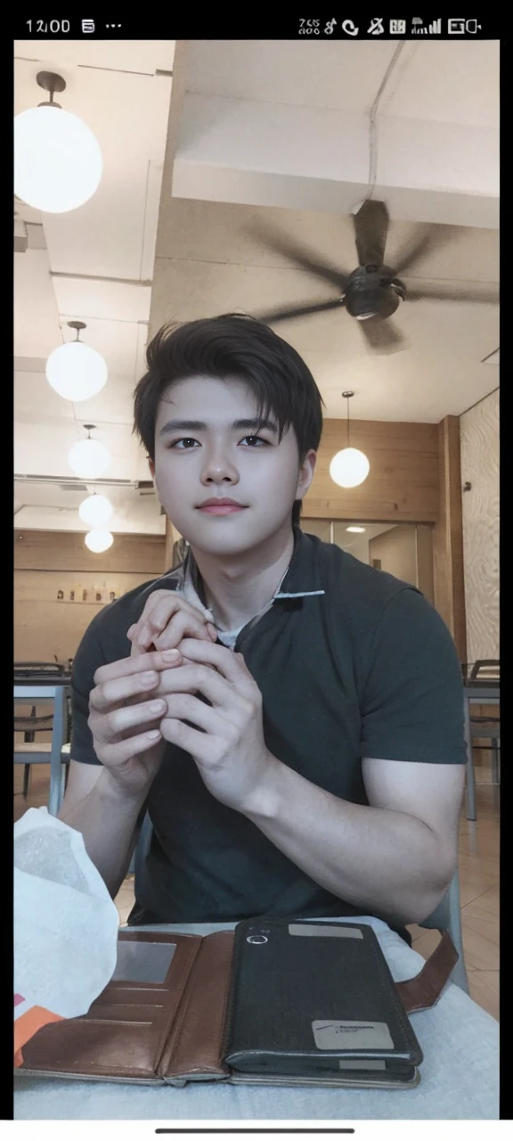 casual young man relaxing on the floor, sitting on his elbow and looking away from the camera on gray background
