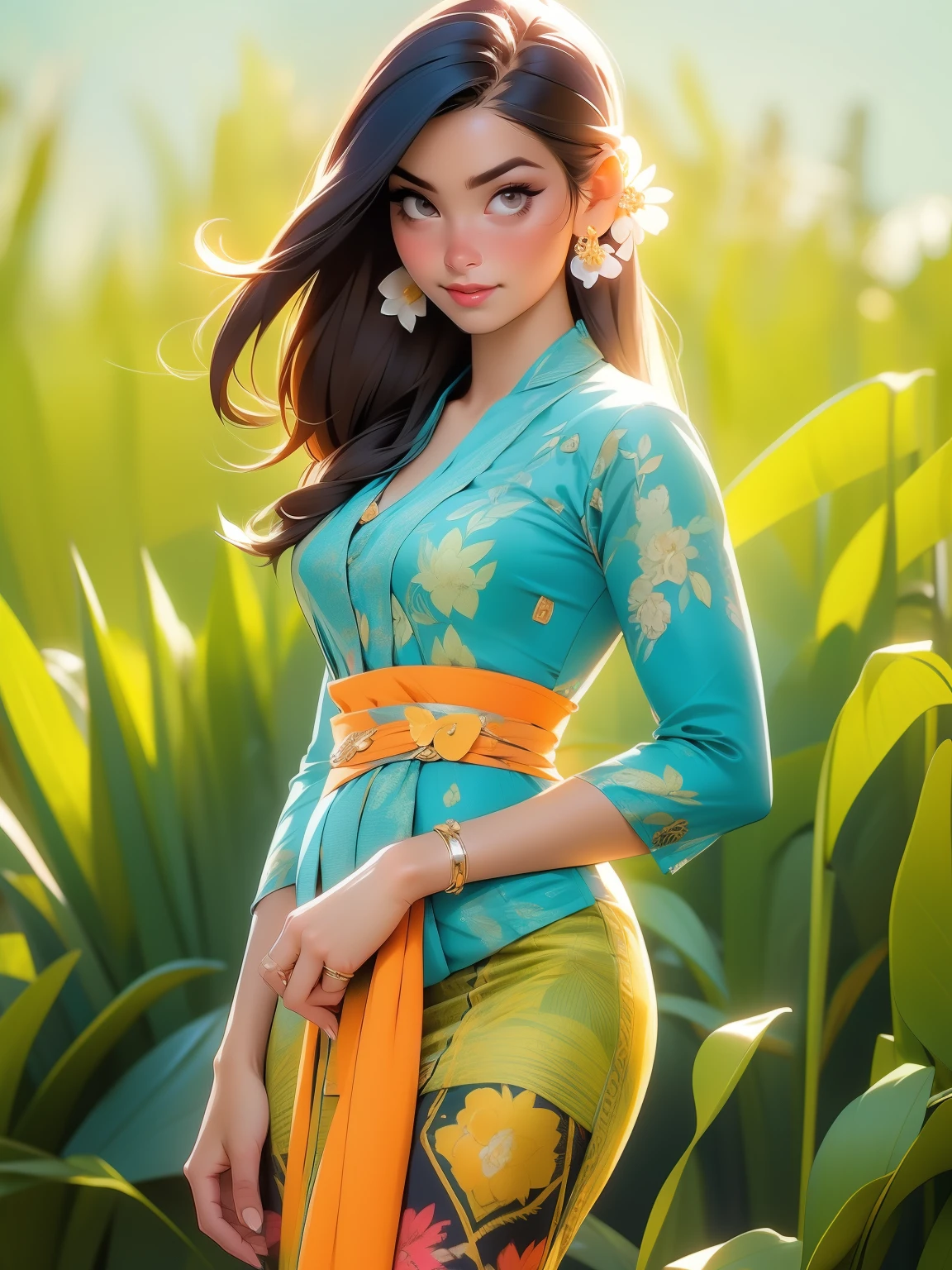 Masterpiece, best quality, photography, detailed skin, realistic, photo-realistic, 8k, highly detailed, full length frame, High detail RAW color art, diffused soft lighting, shallow depth of field, sharp focus, hyperrealism, cinematic lighting, beautiful busty javanese peasant woman donning a brocade satin kebaya dress and satin batik long skirt, simple bun hairdo with small beautiful flowers in her hair, insanely detailed and intricate rice field background, realistic style, heavily influenced by Don Lawrence photorealistic brush stroke style