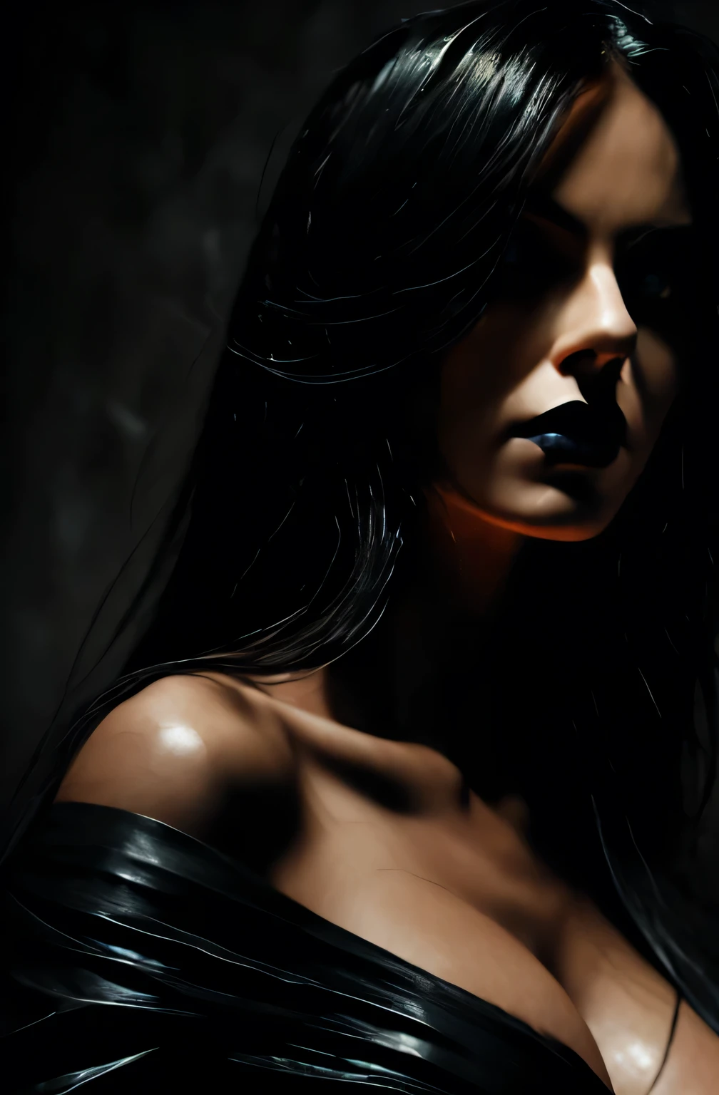 ((Best quality, 8k, Masterpiece :1.3)), ultra-detailed, facing the camera head on, intricately detailed hyperdetailed, realistic, sharp features, highly detailed, sharp focus, perfect face, perfect symmetrically, perfect eyes, perfect full lips, flexible female form, full body view, nude, oily shiny skin, big breasts, thick thighs, busty, thick ass, ultra realistic nude body detail, black lipstick and eye shadow, long shiny black hair, skull tattoos, pierced nipples, dark menacing lightning, cinematic, film light, hyper detailed, hyper realistic, masterpiece, atmospheric, high resolution, vibrant, dynamic studio lighting, nsfw, ((Dark background)), Sexy face, Facial expressions when receiving pleasure, straight Bangs, Big breasts, Exposed cleavage, blue Eyes, black satin fabric, bare shoulders, look at viewer, atmospheric perspective, Volumetric lighting, Clear focus, absurd resolution, Realistic proportions, Good anatomy, (realistic,Hyper-realistic:1.37), 16K HD, INFO, ((Full shot)). arafed image of a creepy looking man with a black background, dark supervillain, evil looking, sinister looking, scary angry pose, evil villain grin, scary face, portrait of hades, dark schizophrenia portrait, scary portrait, morbius, scary vampire, scary look, dark face, scary and brooding, menacing!!!, shadowy and eerie character