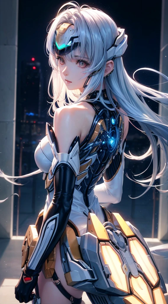 top-quality、​masterpiece、超A high resolution、(Photorealsitic:1.4)、1人、Light blue hair、Straight hair, shiny and clean hair、White shiny skin、Sexy Cyberpunk Girl、((super realistic details))、Shadow、octan render、ultrasharp、hyperdetailed face、Fiberglass、Luminous tube、highly intricate detail、Realistic light、CGSoation Trends、((Golden Eyes))、(Facing the camera)、neon detailechanical limbechanical vertebrae attached to the back、mechanical cervical attaching to neck、Wires and cables connecting to the head、((valkyrie))、((Beam Cannon))、Combat stance