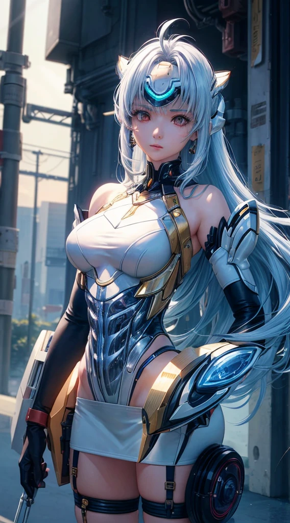 top-quality、masterpiece、超A high resolution、(Photorealsitic:1.4)、女の子1人、Light blue hair、Straight hair, shiny and clean hair、White shiny skin、Sexy Cyberpunk Girl、((super realistic details))、Shadow、octan render、ultrasharp、hyperdetailed face、Fiberglass、Luminous tube、highly intricate detail、Realistic light、CGSoation Trends、((Golden Eyes))、(Facing the camera)、neon detailechanical limbechanical vertebrae attached to the back、mechanical cervical attaching to neck、Wires and cables connecting to the head、((valkyrie))、((Beam Cannon))、Combat stance