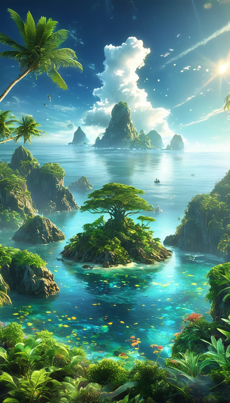 ((a mysterious island:1.5 in the middle of the ocean surrounded by water:1.5)), mysterious lights, strange creatures, digital art, cinematic lighting, dramatic clouds, dramatic lighting, vibrant colors, vibrant colors, photorealistic, hyperrealistic, volumetric lighting, highly detailed, bright plants, richly detailed, surreal, ultra detailed, lush vegetation