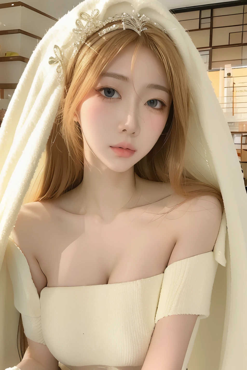 Beautiful woman with perfect body:1.4,Prominent cleavage,Layered Hairstyle,Highly detailed face and skin textures,Double eyelids,Skin Whitening,Long hair,Whitened long legs,Half chest wedding dress