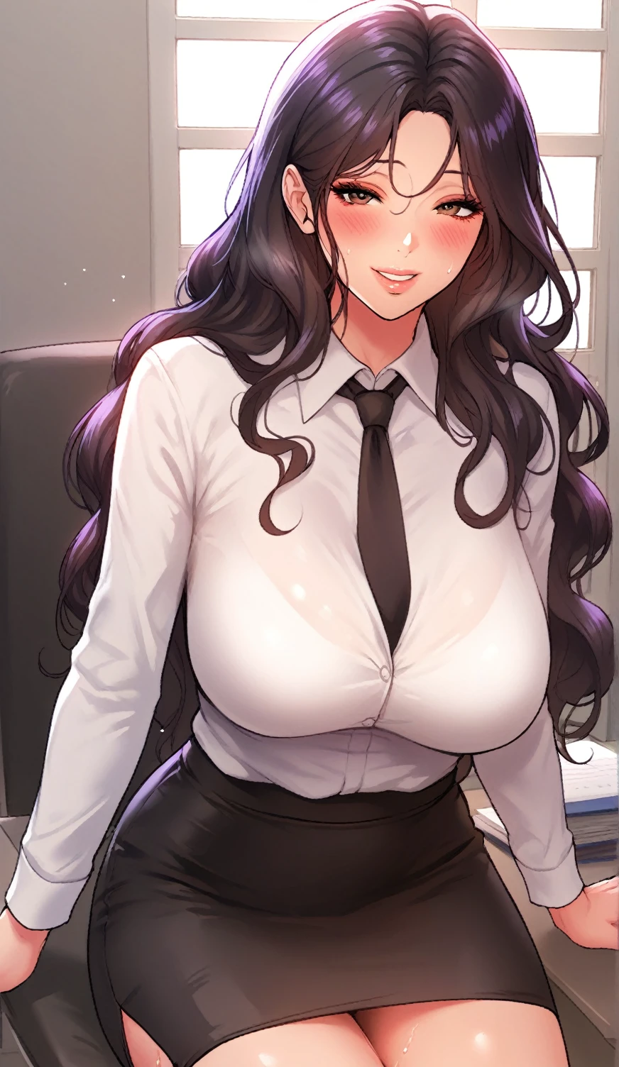 score_9, score_8_up, score_7_up, score_6_up, score_5_up, score_4_up, yu hee, brown eyes, black hair, long hair, large breasts, mature woman,  1girl, long_hair,  blush, sweat, purple_eyes, brown_hair, lips, purple_hair, smile, solo, shirt, skirt, pencil skirt, white shirt, office lady, office suit, office, indoors, Suit, Tie