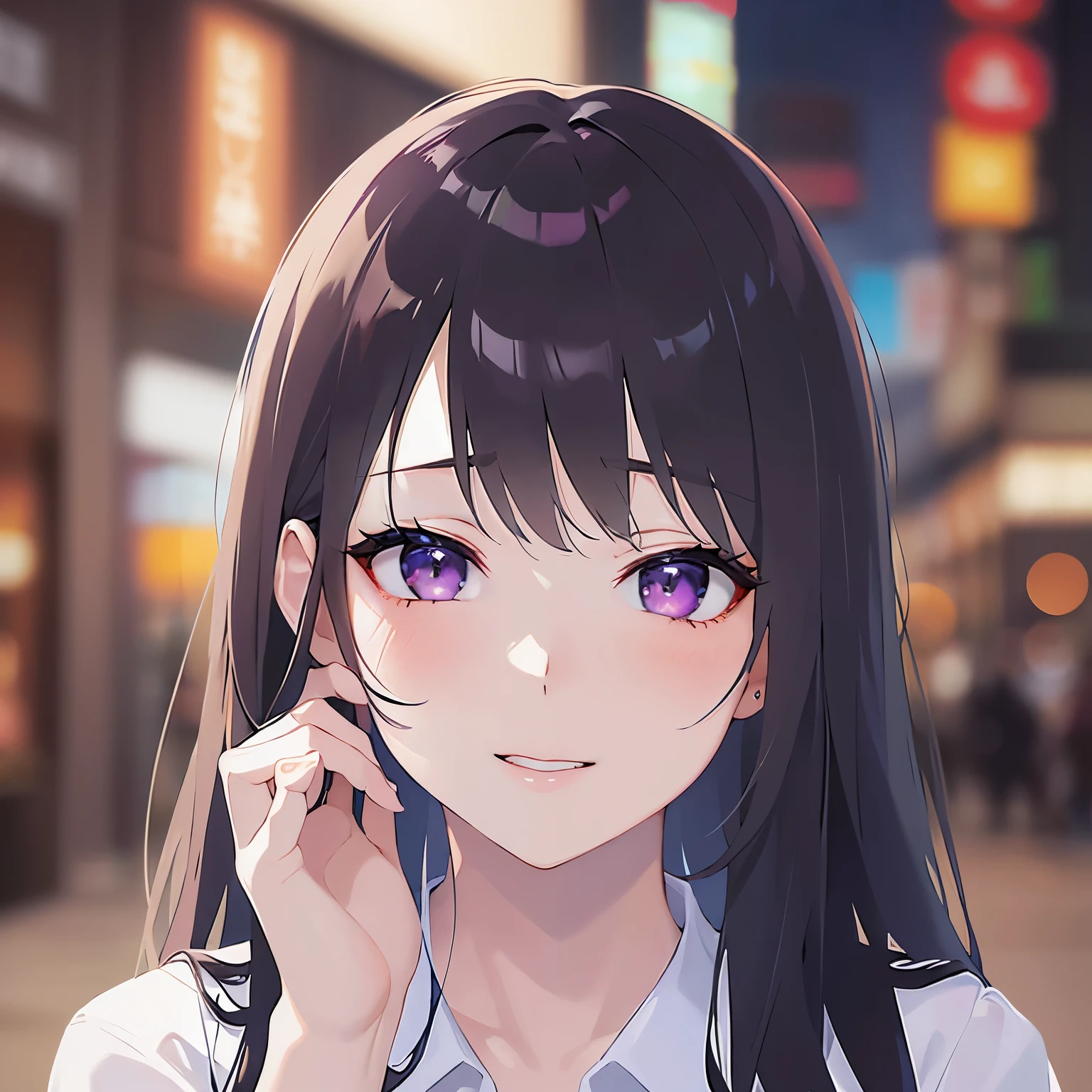 hand on own face、Close-up of your face、head tilt, Cleavage、Realistic, real person, (pale skin: 1.2), RAW photo, photorealistic, shiny skin, shiny hair、(A 25-year-old woman with straight hair and bangs) and (medium hair) and (black hair) and (purple eyes) , (white) and (collared shirt)、smile, (blush:1.3), The background is a shopping street at night、Alone、Are standing