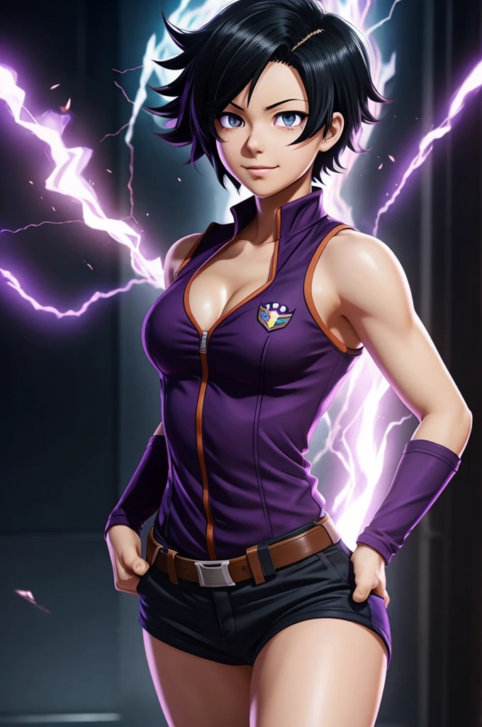 my hero academia, Female gender, Black hair.purple eyes, purple fire around you, short hair, whole body