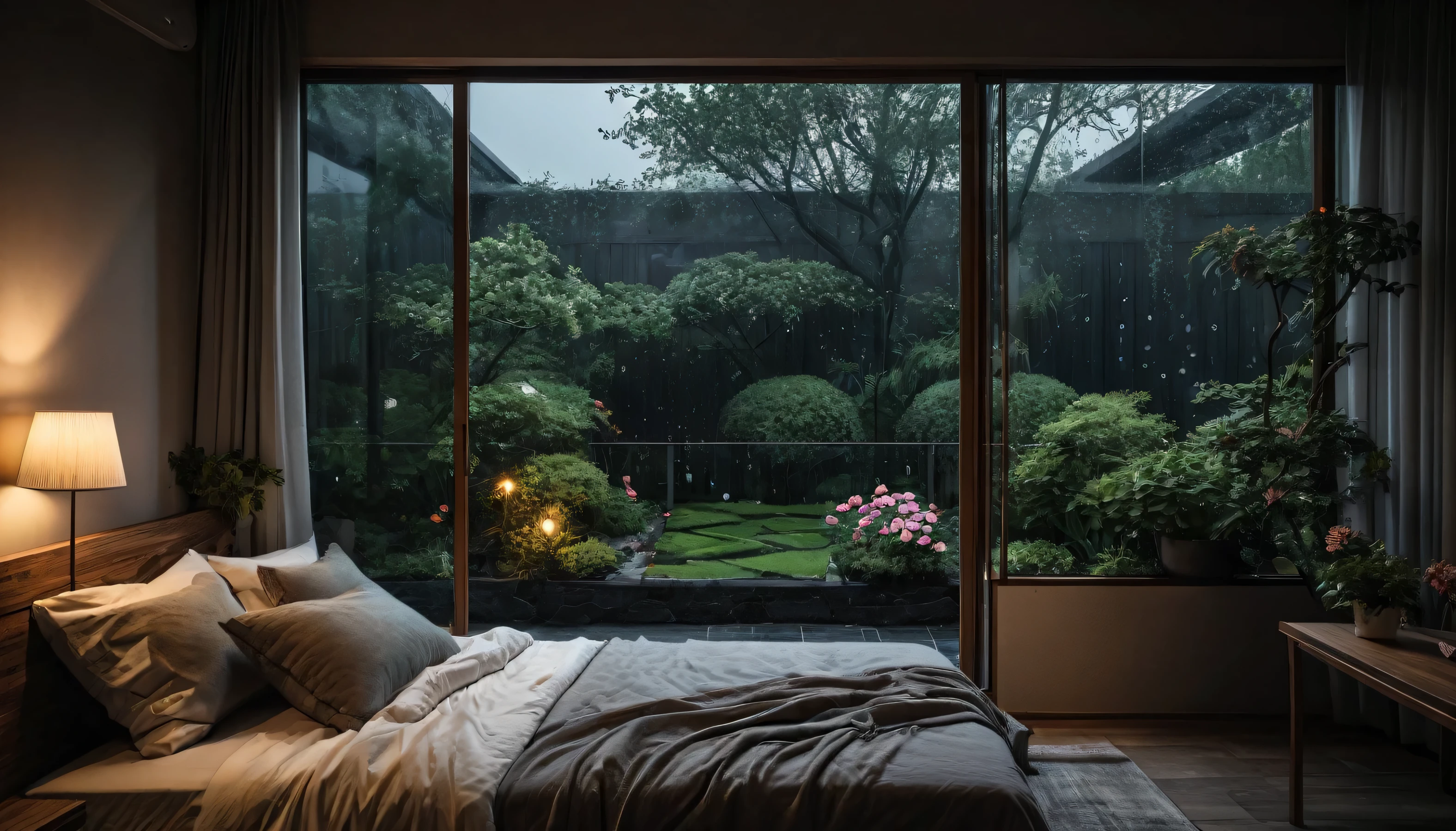 The picture shows a cozy gloomy bedroom, with a large window offering a view of a beautiful, dimly lit garden AND a garden soaked in FLOWERS, the cobblestones of the Japanese house concept. CINEMATIC, JAPANESE HOUSE, the shape of a Japanese house, and lots of flower gardens in the garden. The bed was unmade with rumpled sheets, indicating only a light sleep. the room is dark, gloomy, looks dim, gloomy. Beside the bed there is a small table with a classic lamp that radiates warm light into the room. Outside the window you can see the lush greenery of the terrace or balcony area, the rain is falling, the lamp on the left provides warm lighting, creating a calm and peaceful atmosphere. with fog obscuring part of the view in the distance. The contrast between the warmth indoors and the rain outdoors creates an inviting and calming atmosphere